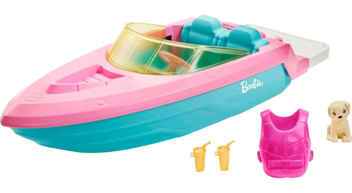 Barbie Mobilier Bateau pouvant Transporter 3 poupées avec Gilet de Sauvetage, Figurine Chiot et 2 Verres, Jouet pour Enfant, GRG29