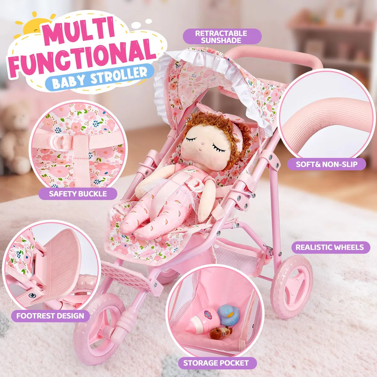G.C Poussette Bebe Jouet Fille 3 4 5 6 Ans, Poupée Chiffon avec 55 cm Poussette Poupee Réglable Pliable Pare-Soleil Sac de Rangement, Poussette Poupon Jeu de Role Jouet Cadeau Noël Enfant Fille