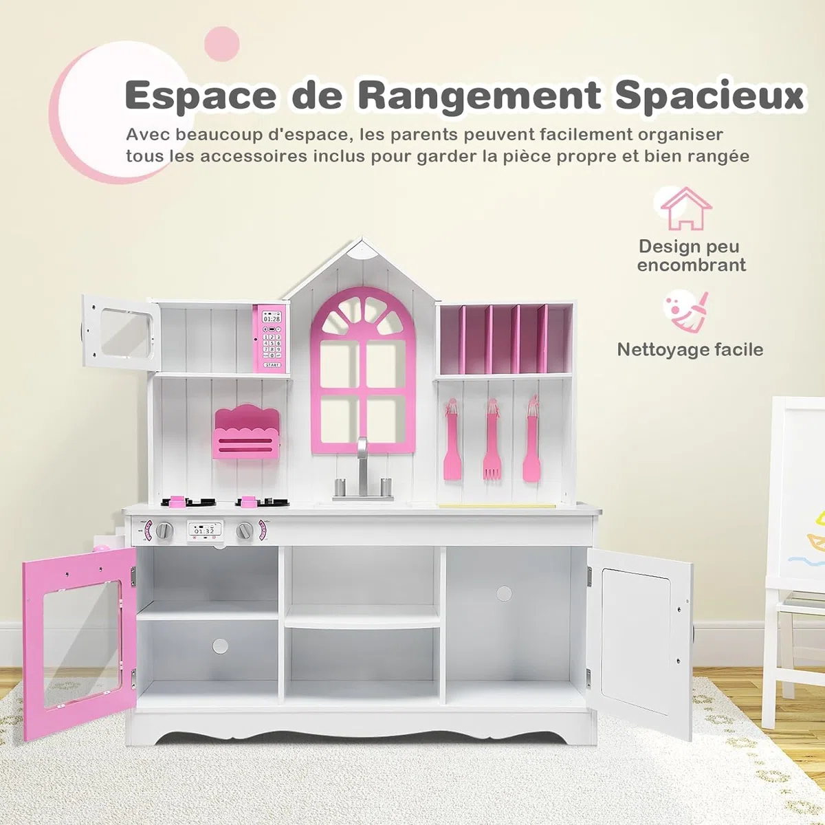GOPLUS Cuisine en Bois Enfant, Jouet de Cuisine avec Four, Micro-Ondes et Cuisinière à Gaz, Ensemble de Jeu de Cuisine avec Accessoires Riches, Cadeau pour 3+ Ans, 106,5x32x109CM, Blanc et Rose
