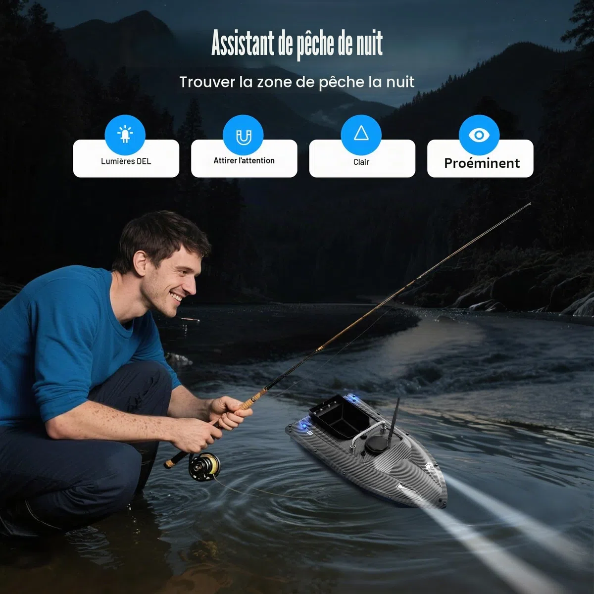 Bateau d'alimentation avec lumière LED, 500 m, bateau d'appât de pêche, contrôle de la croisière, poids de charge de 1,5 kg, bateau à nourriture avec bateau d'appât pour les amateurs de pêche