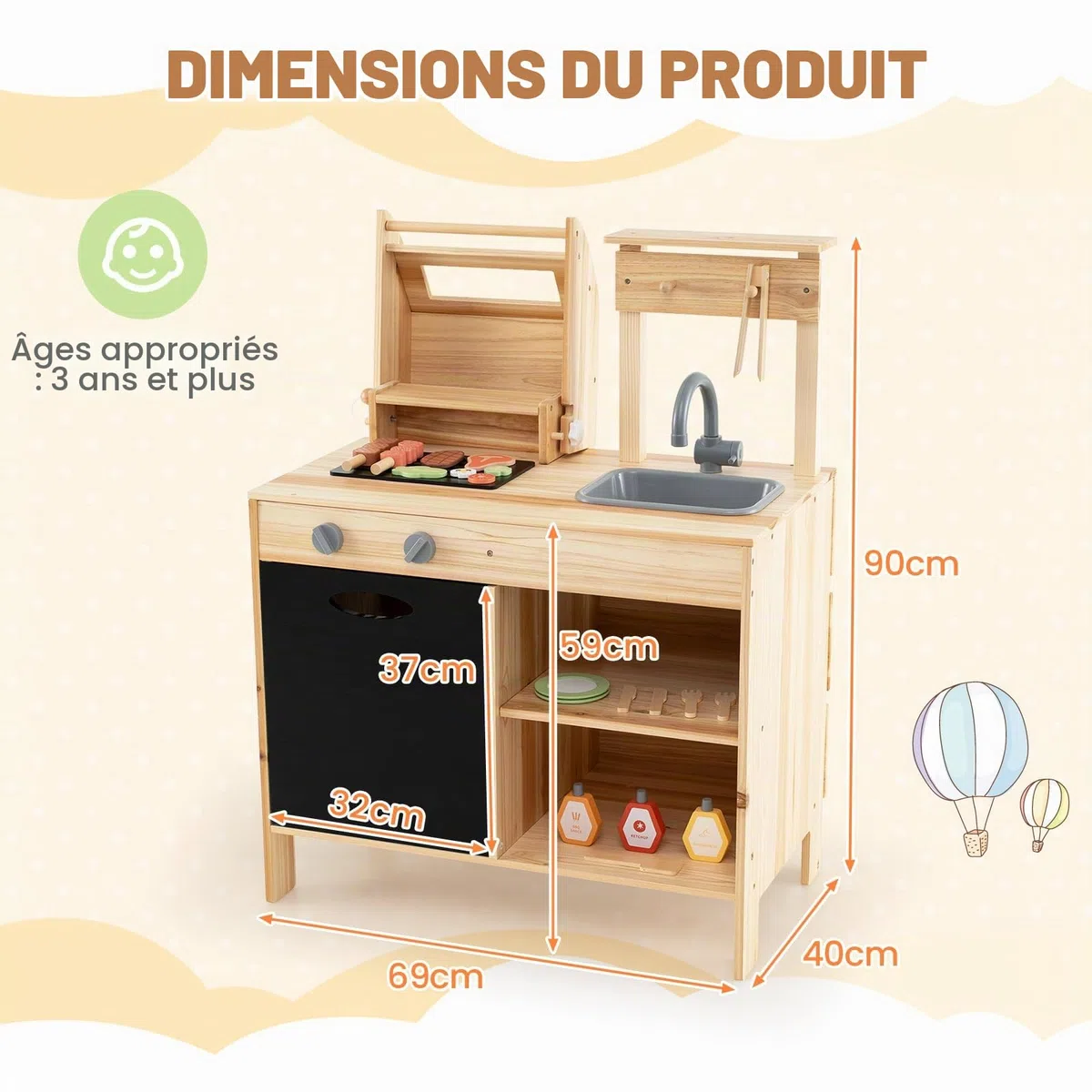 HOMASIS Cuisine extérieure pour Enfants avec Barbecue, Table, évier, Cuisine Jouet avec 27 Accessoires, Ensemble Jouet en Bois de Sapin