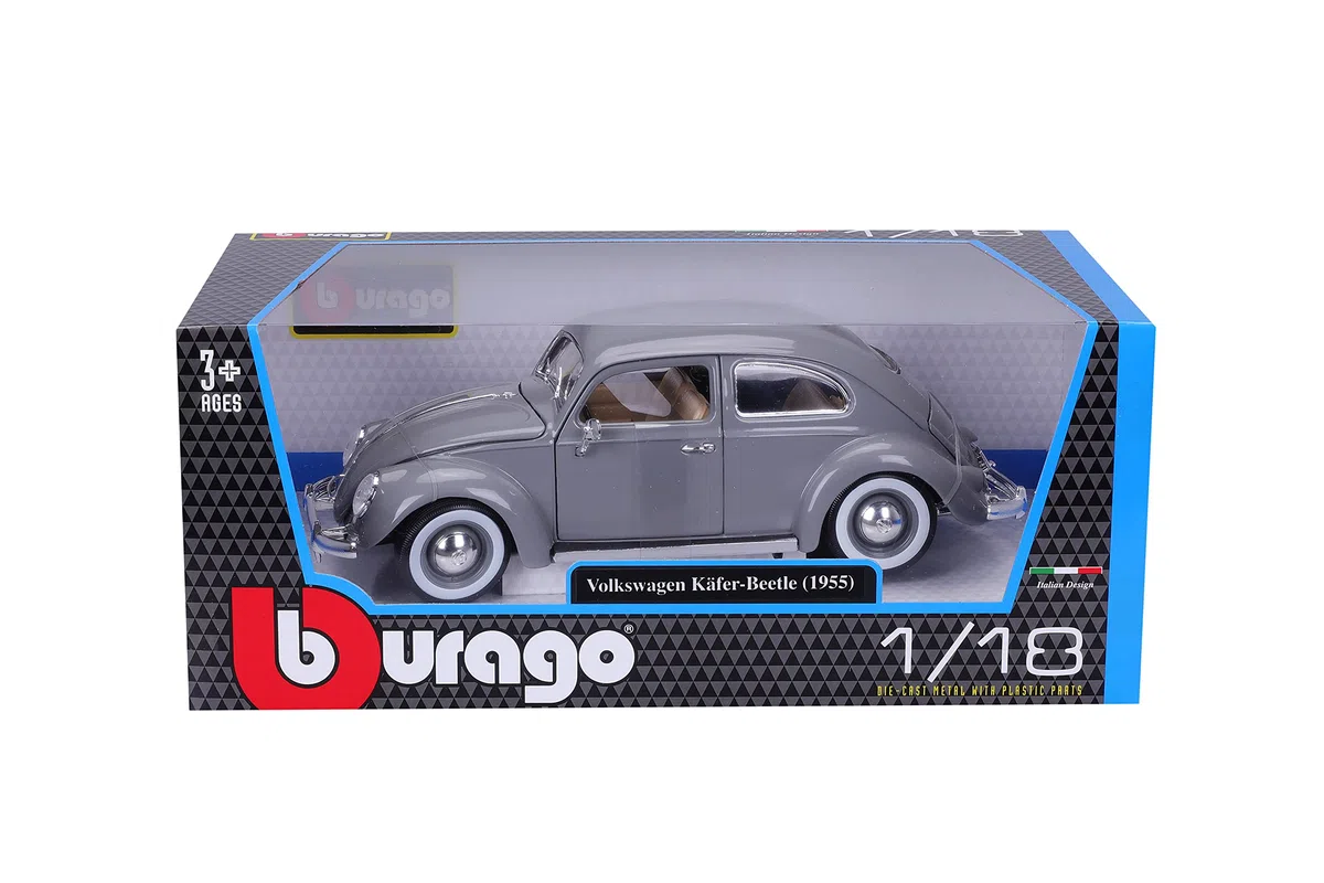 Bburago – 1/18 Volkswagen Coccinelle KAFER Beetle 1955 – Voiture Miniature Grise de Collection en métal – Véhicule rétro réaliste pour Enfants dès 3 Ans – 12029G