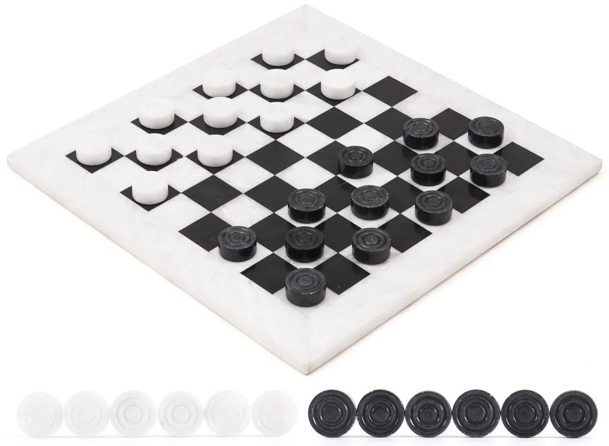 Radicaln Ensemble de Damier en marbre Blanc et Noir de 38 cm Fait à la Main pour Jeu de Plein air, Jeu d’échecs et de Dames idéal pour Adultes