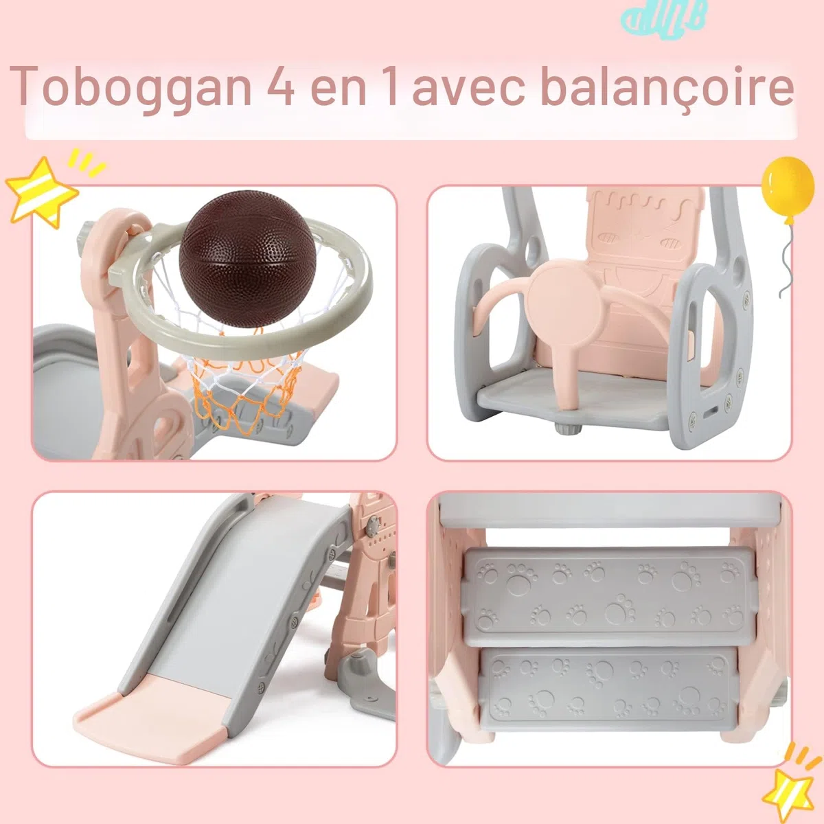 Toboggan d'intérieur à partir de 1, 2, 3, 4, 5 ans, aire de jeu 4 en 1 pour tout-petits avec support de basket-ball, échelle d'escalade, toboggan à bascule, toboggan de jardin pour aventures