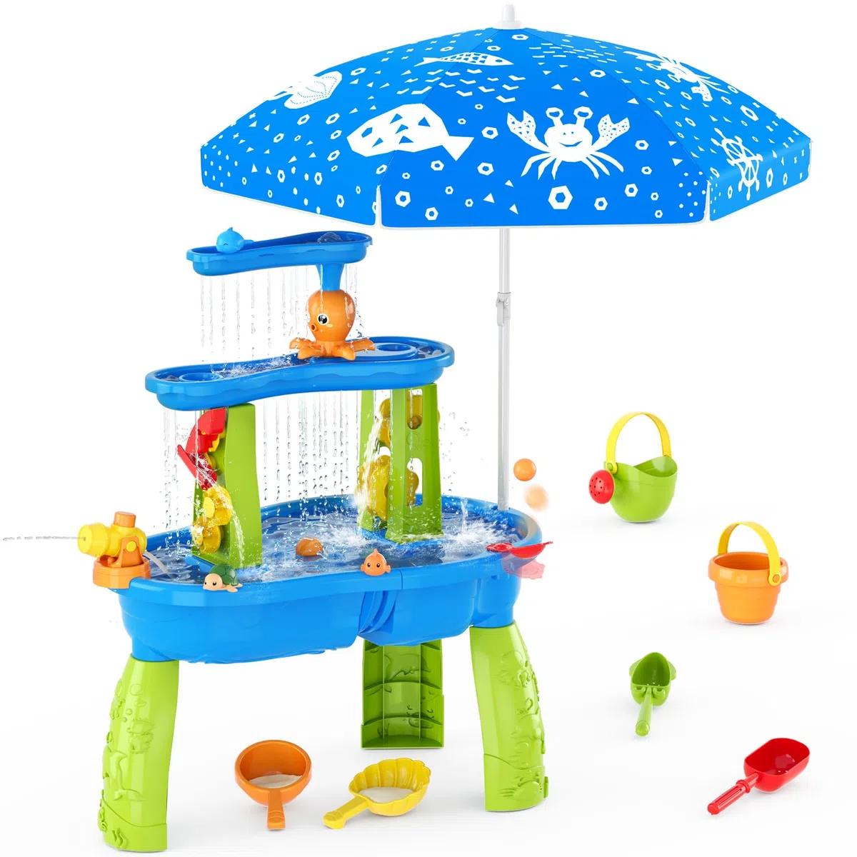 HYES Table d'eau pour Enfants, 3-Tier Table Sable et Eau Jouets avec Parapluie, Douches de Pluie Splash étang pour Plage Cour, Table Eau Sable Jeux de d'été Exterieur pour Garçons Filles, Bleu