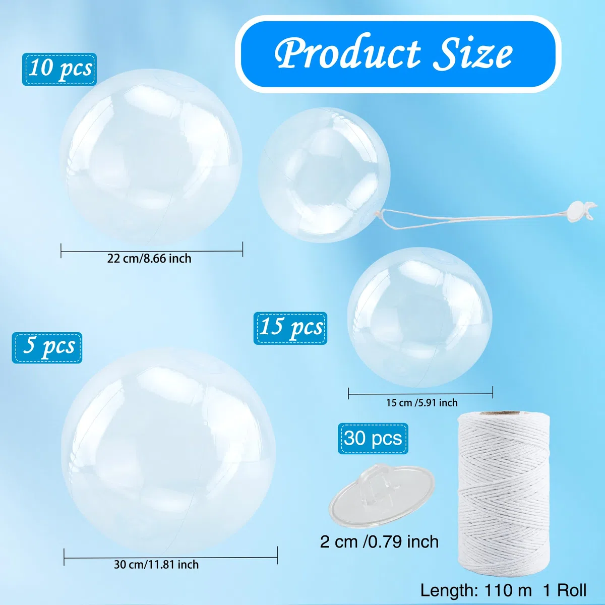 Lot de 30 balles de plage gonflables transparentes de 20,3 cm, 30,5 cm, 40,6 cm avec corde de suspension pour l'été, la piscine, les fêtes