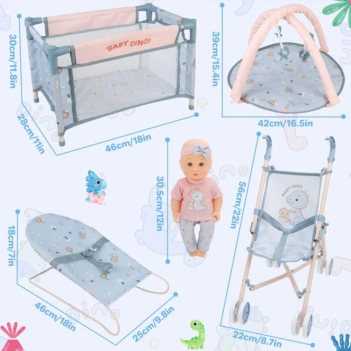 deAO Ensemble Poupée Bébé 30 cm avec Accessoires, Set de Jeu de Rôle 3 Ans+ | Poussette Pliable, Berceau, Lit Pépinière, Chaise Haute, Tapis de Jeu, Sac de Voyage, Plastique Sûr, Assemblage Facile
