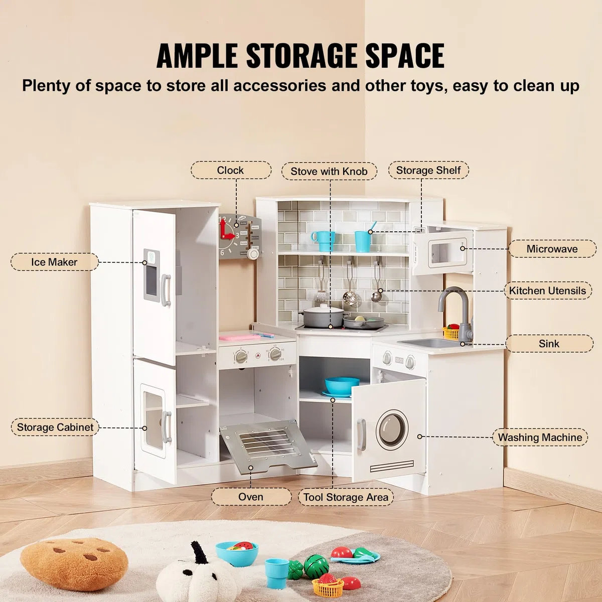VEVOR Cuisine pour Enfants, Ensemble Cuisine d'angle en Bois, Lumières, Sons, Machine à Glaçons, Four, Évier, Horloge, Micro-Ondes, Réfrigérateur, pour Tout-Petits, Enfants d'Âge Préscolaire, Blanc