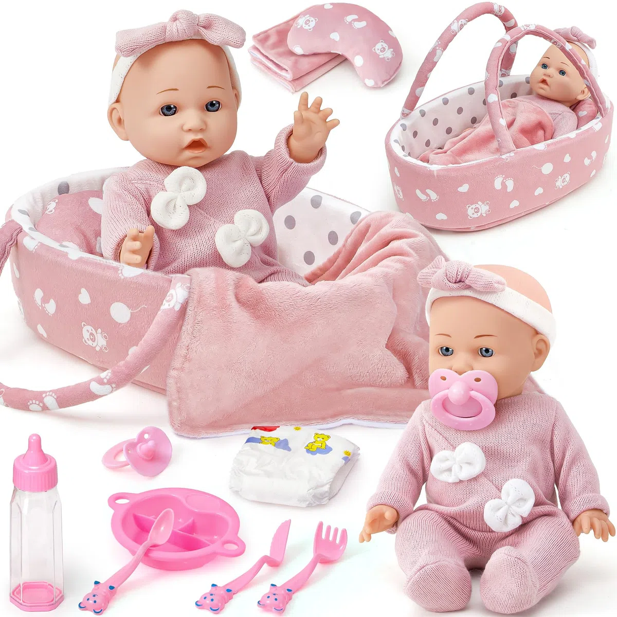 vamei Accessoire Poupon pour Poupon Bébé, Lit Portable pour Poupée avec Vêtements de Poupée & Couches pour Poupee Bébé & Sac à Langer & Biberon & Tétine, Cadeau pour Fille 2 3 4 5 an