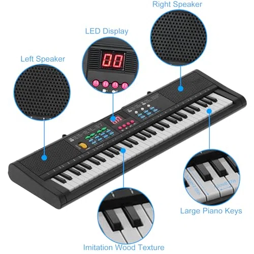 Piano Électronique 61 Touches pour Enfants - Clavier Musical avec Microphone Karaoké, Haut-Parleurs, USB et Effets Sonores - Instrument Idéal Débutants (Noir)