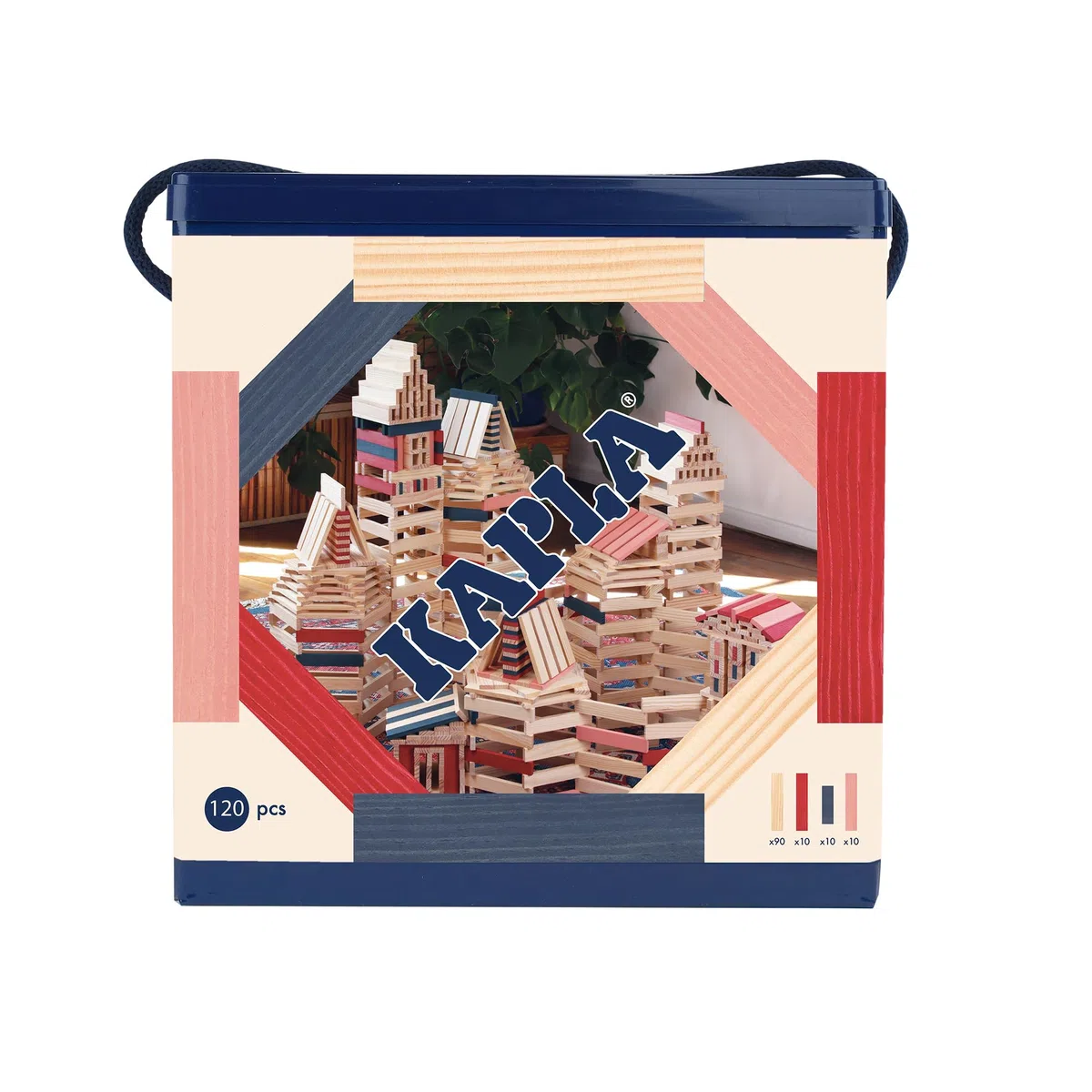 KAPLA - Jeu de Construction avec 120 planchettes en Bois colorés (Nature, Rouge, Rose, Bleu Foncé), Jouet en Bois, dès 2 Ans
