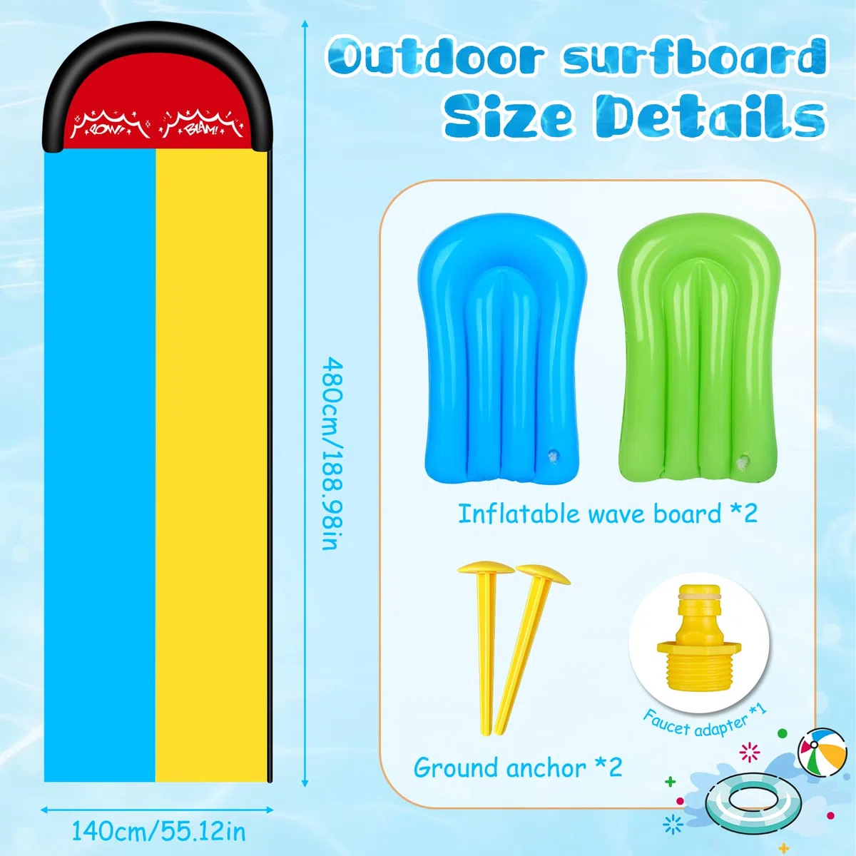 Toboggan Aquatique, 480 x 140cm Toboggan pour Pelouse Double Toboggan à Eau, Toboggan de Pelouse d'été avec Arroseur Intégré avec 2 Planches Gonflables pour Jeux d'eau en Extérieur