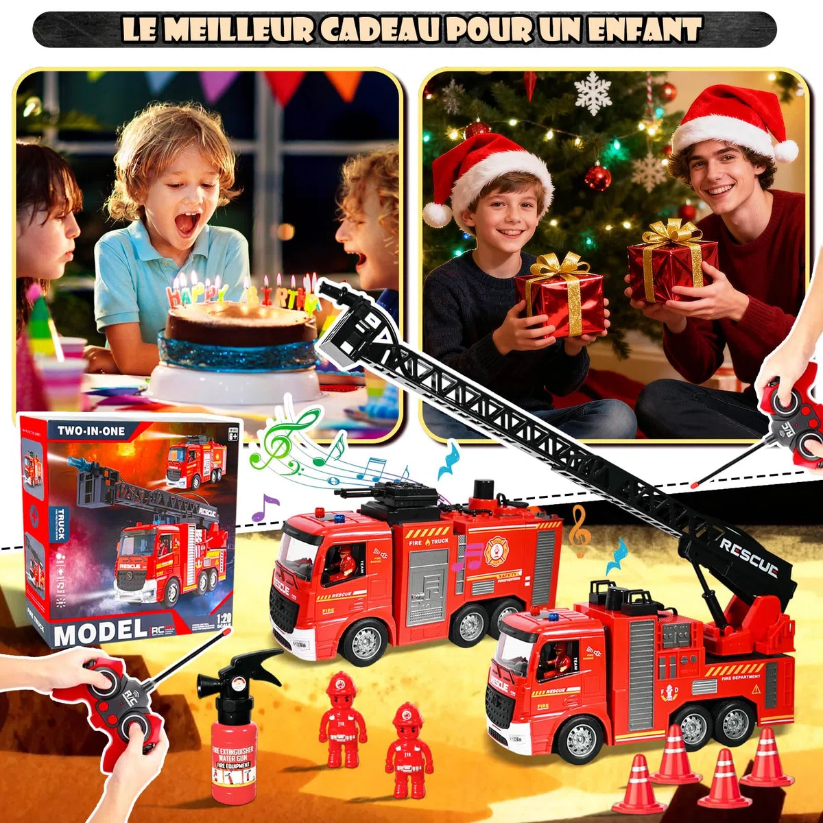 2 Camion Pompier Enfant, Voiture Pompiers Telecommandé avec Pulvérisation d'eau Lumière, Échelle Pivotante, Son Fonction et Pompiers, 2,4GHz Camion Pompier Enfant de 6-12 Ans