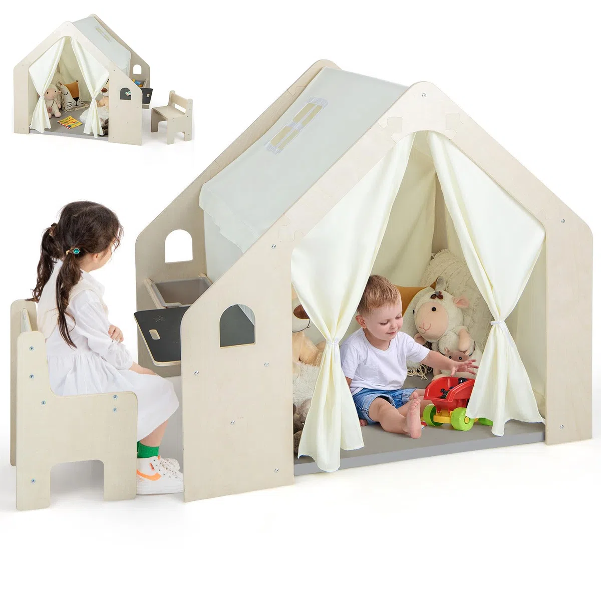 HOMASIS 6 en 1 Tente avec Table à Dessin & Chaise, Maison de Jeu en Bois Intérieur avec 1/6 Boîte de Rangement, Cabane Enfant avec Tapis pour Enfants 2-6 Ans (131x98x113cm)