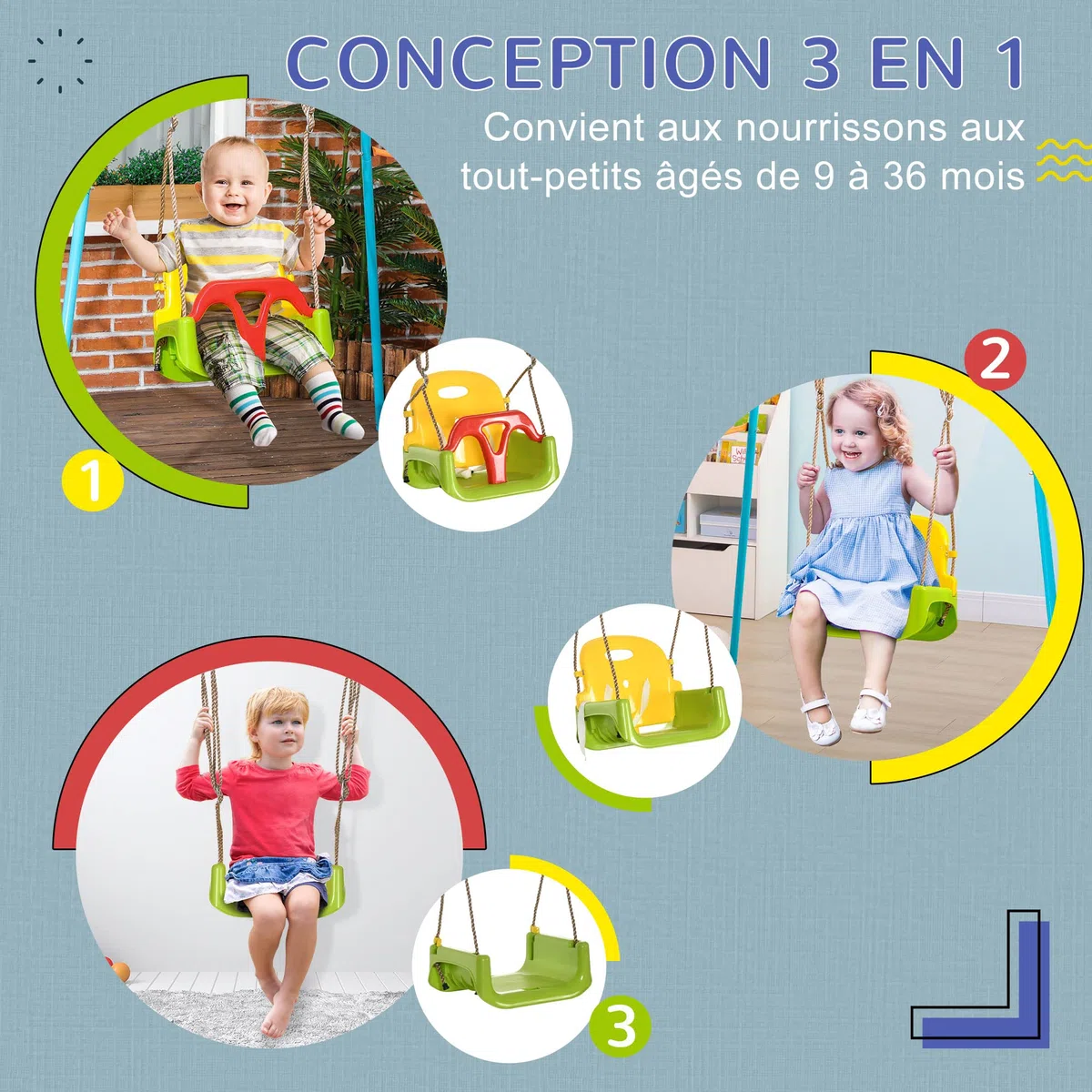 Outsunny Balançoire siège 3 en 1 évolutif pour Enfant avec Dossier et Barre en T Amovibles - de 9 à 36 Mois - intérieur extérieur - Hauteur Ajustable Vert