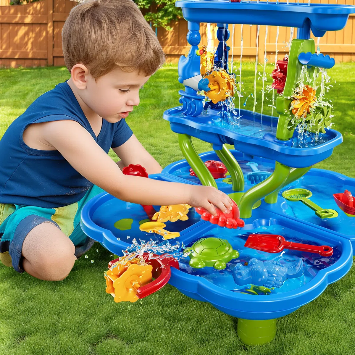 JUKUDAHU Table à sable et à eau pour enfants à partir de 3 à 8 ans - Étang cascade - Jouets de plage d'été d'extérieur - Jouets de salle de bain - Kit de jeu sensoriel - Cadeaux pour garçons et filles