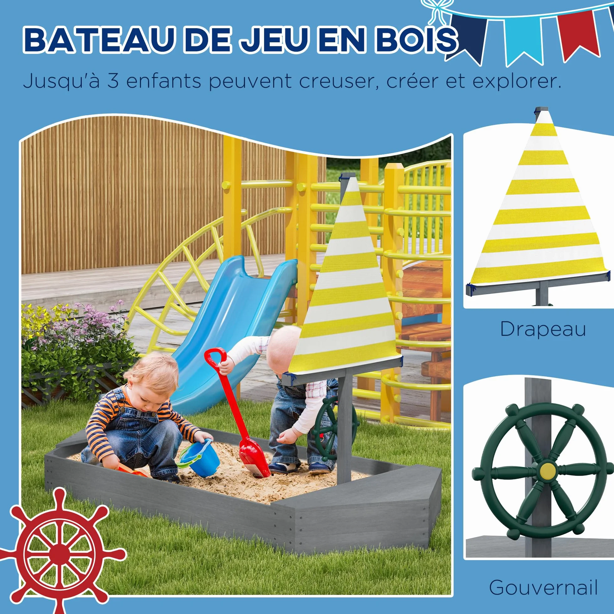 Outsunny Bac à Sable Enfant extérieur en Bois avec sièges, gouvernail | Drapeau, de 3 à 8 ans, capacité de sable 330 kg, gris foncé