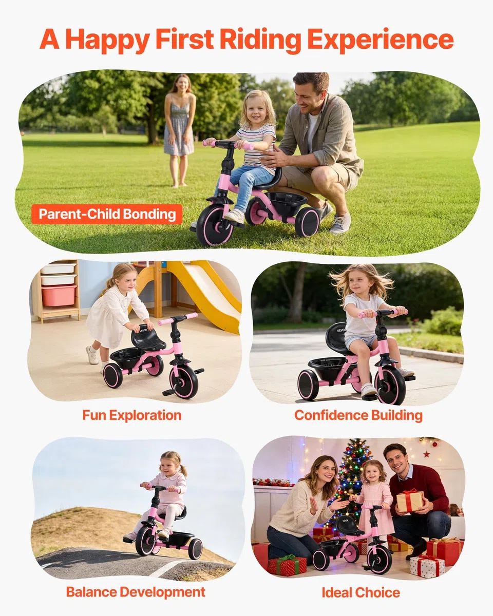 VEVOR Tricycle pour Enfant de 2 à 5 Ans, Tricycle Préscolaire Pliable avec Siège Réglable et Panier, Cadre en Acier au Carbone, Poignées de Guidon, Cadeau d'anniversaire pour Garçons et Filles