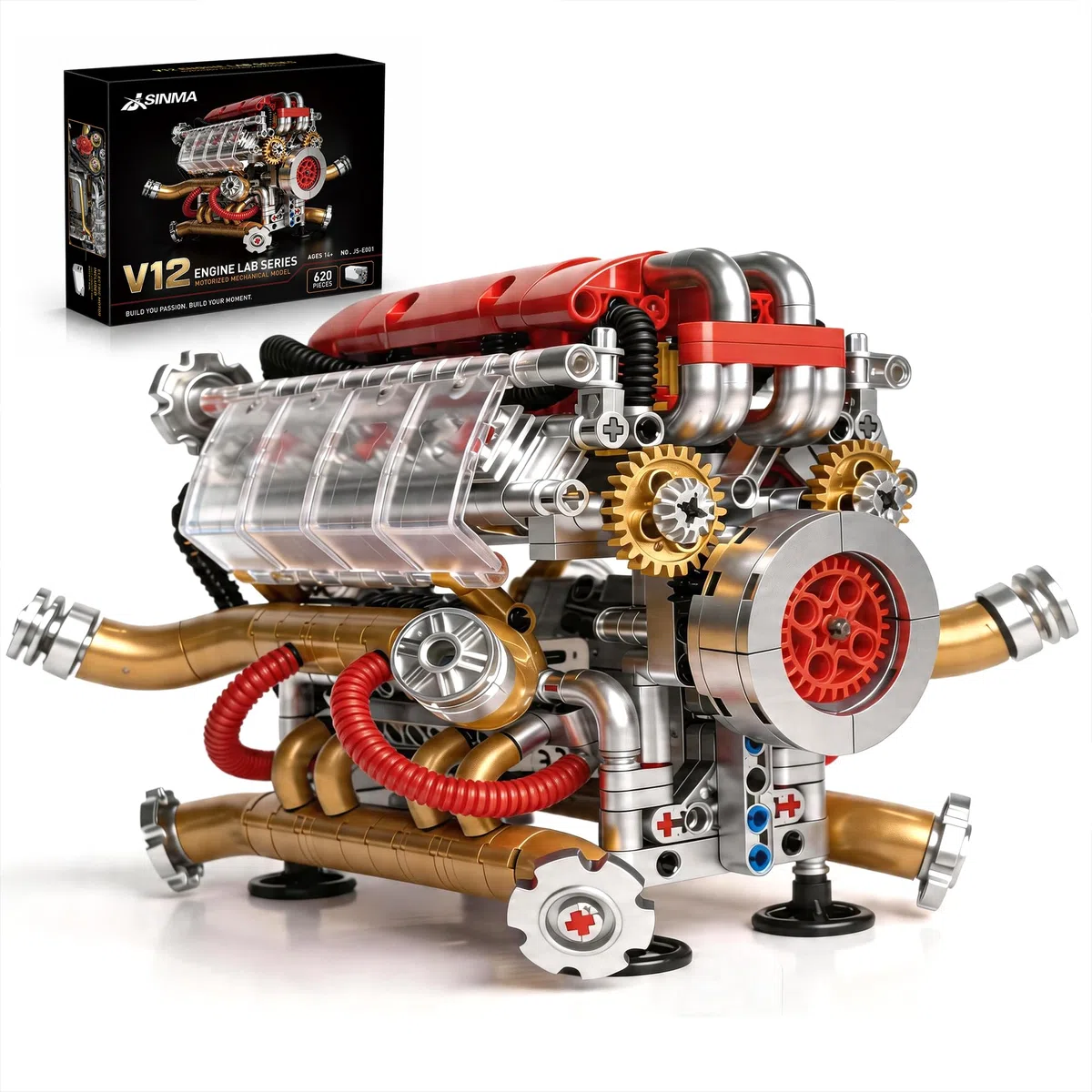 JSINMA V12 Kit de construction mécanique motorisé pour adultes avec pistons mobiles visibles, couvercle latéral transparent, cadeau pour les amateurs de voitures, 620 pièces