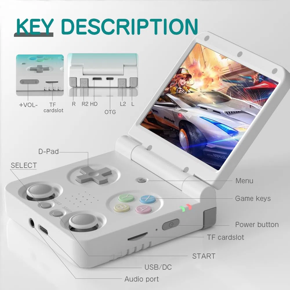 Miyoo Flip V2 Console de jeu portable rétro avec charnière silencieuse, écran IPS de 3,5" 640 x 480, double système avec émulateur de 30 + émulateur, console de jeu vidéo portable avec HDMI, WiFi, OTG