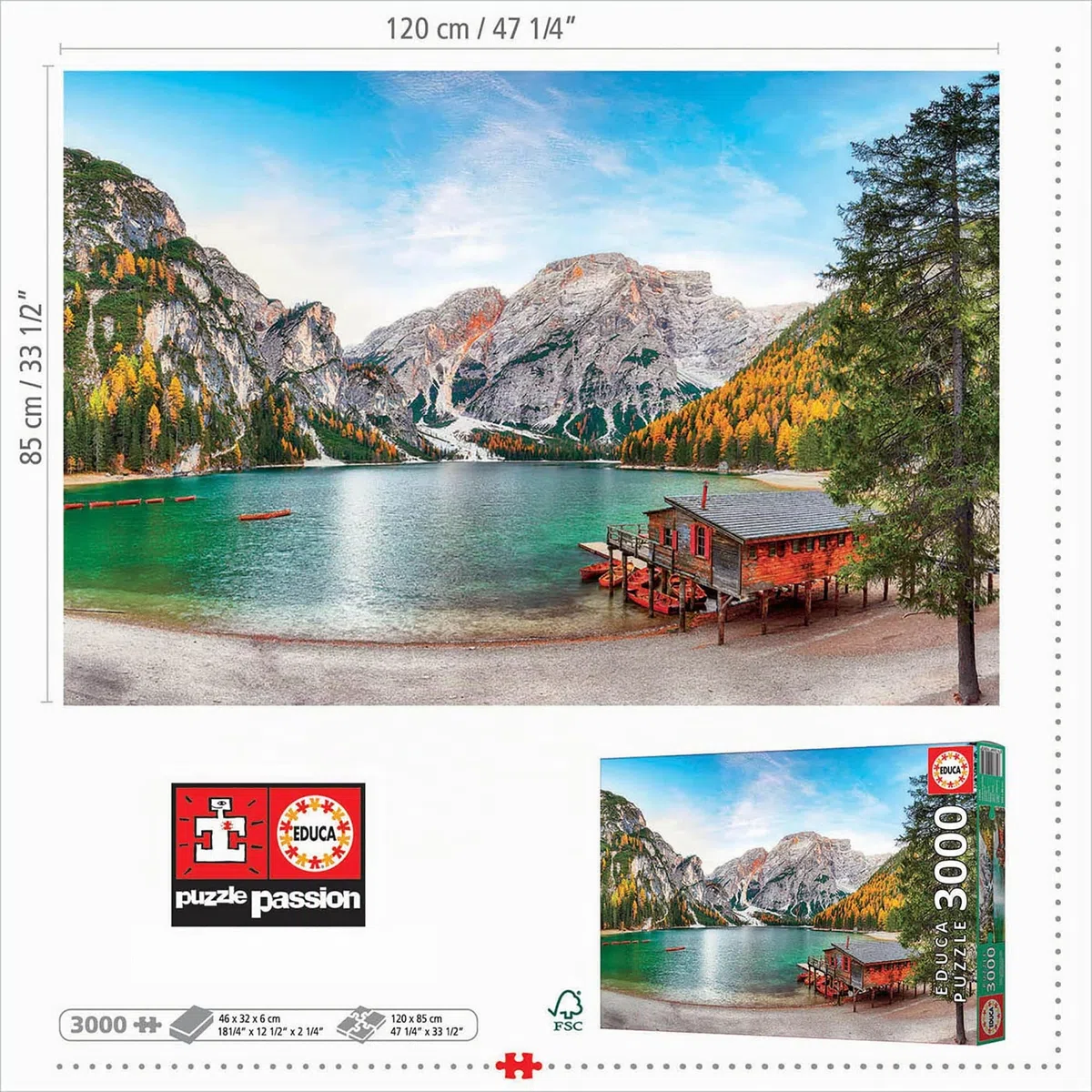 Educa - Braies de lac en Automne | Puzzle de 3000 pièces | Mesure approximative: 120 x 85 cm | Comprend Un Service de pièce Perdue au Stock d'échappement | À partir de 14 Ans (19281)