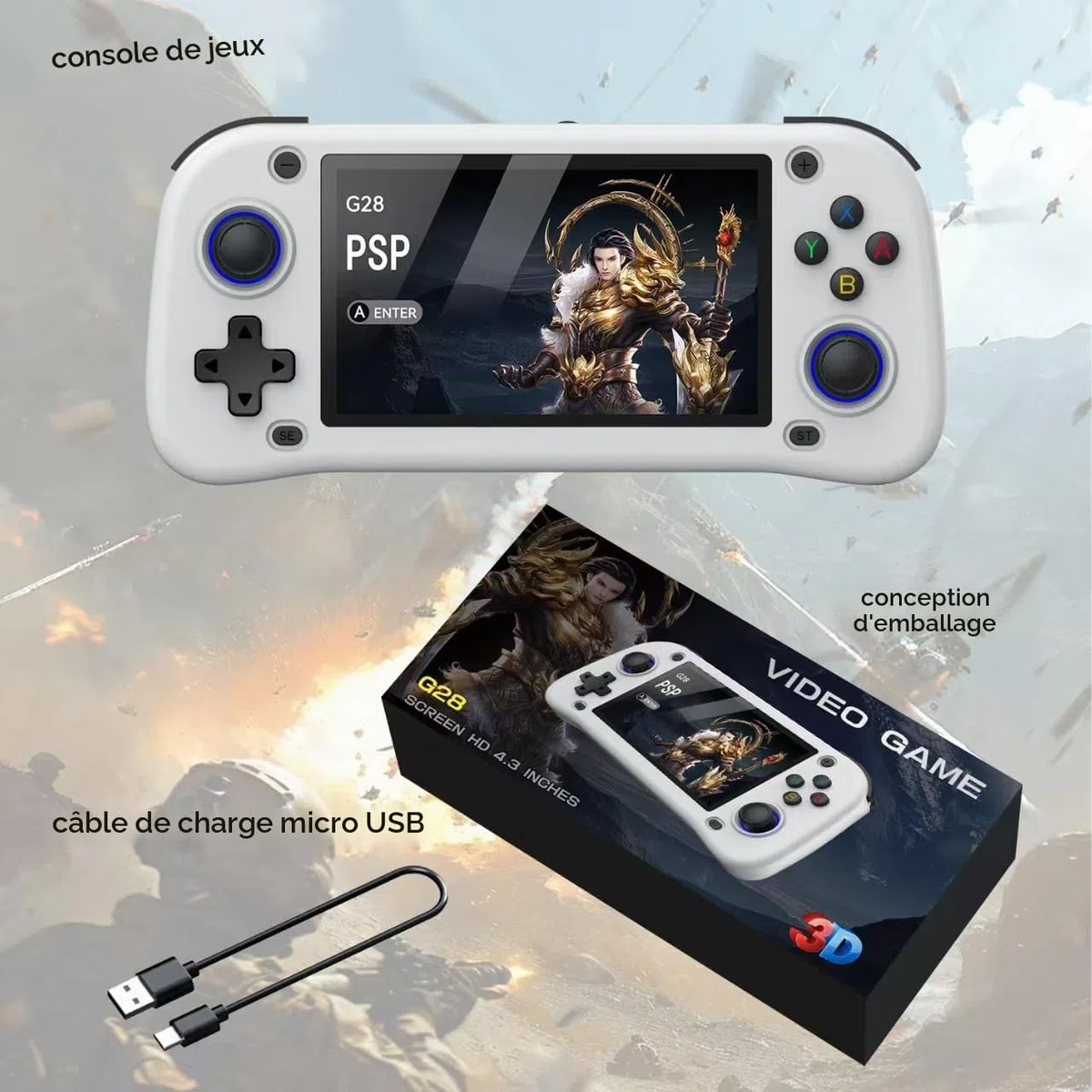 Nouvelle console de jeu portable, 64 Go de mémoire interne avec 15 000 jeux, système Linux, console de jeu vidéo portable, écran IPS de 4,3 pouces, plus de 30 émulateurs et système Linux (Noir, 64 Go)