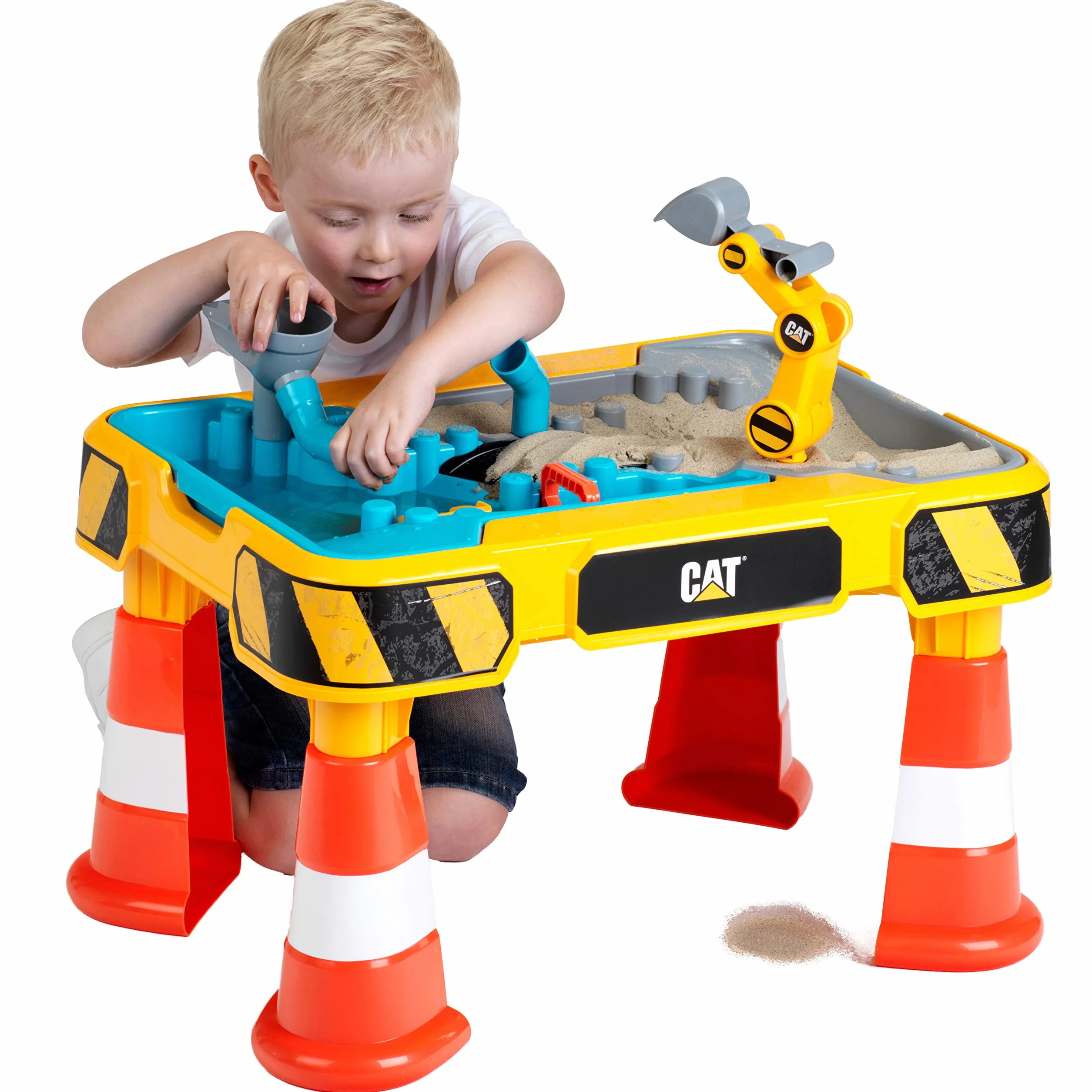 klein 3237 Table de Jeu Cat Sable et Eau, avec Bras de Pelleteuse, Benne, 2 tuyaux, stoppeurs et bassins Amovibles, Dimensions : 64 cm x 48 cm x 40 cm, Jouet pour Enfants à partir de 18 Mois
