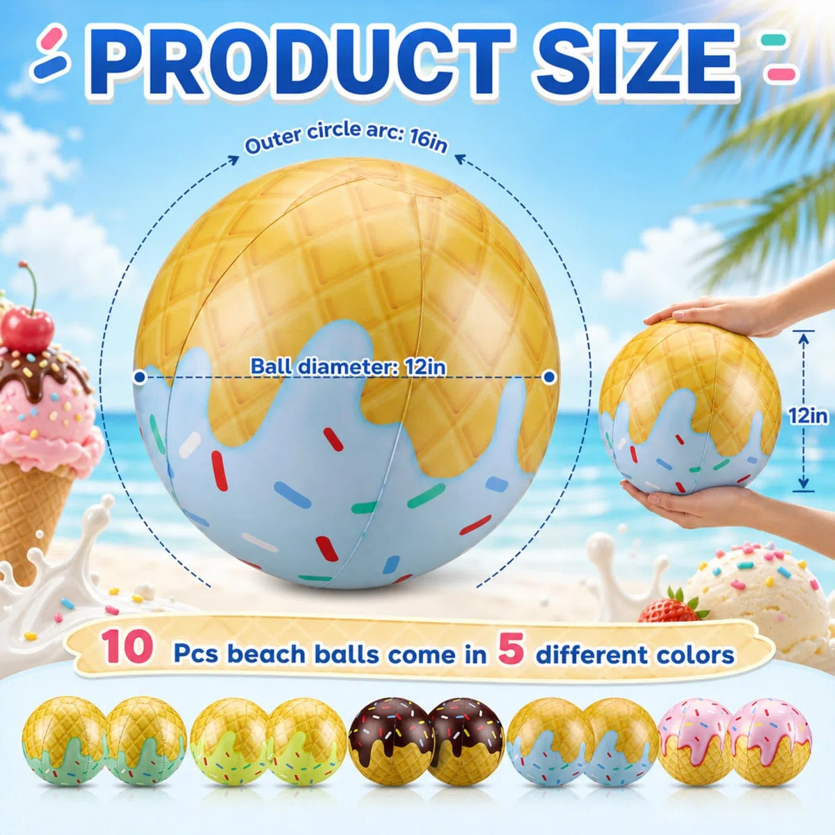 Lot de 10 balles de plage gonflables en vrac sur le thème de la crème glacée, jouets de piscine d'été pour fête d'anniversaire, jeux d'été, activités de piscine, cadeaux de fête