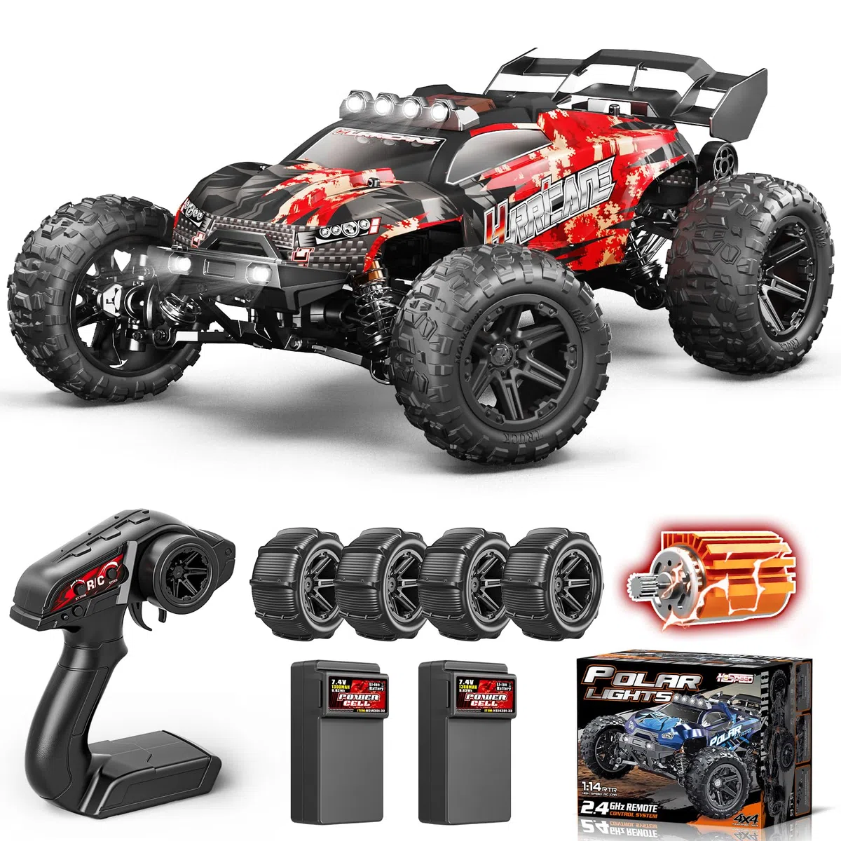 YESHIN Voitures RC 1:14 pour Adultes, Camion Monstre Électrique Tout-Terrain Max 40 km/h, Voiture RC Haute Vitesse Imperméable 4WD Télécommandée avec 2*Batterie, Rouge