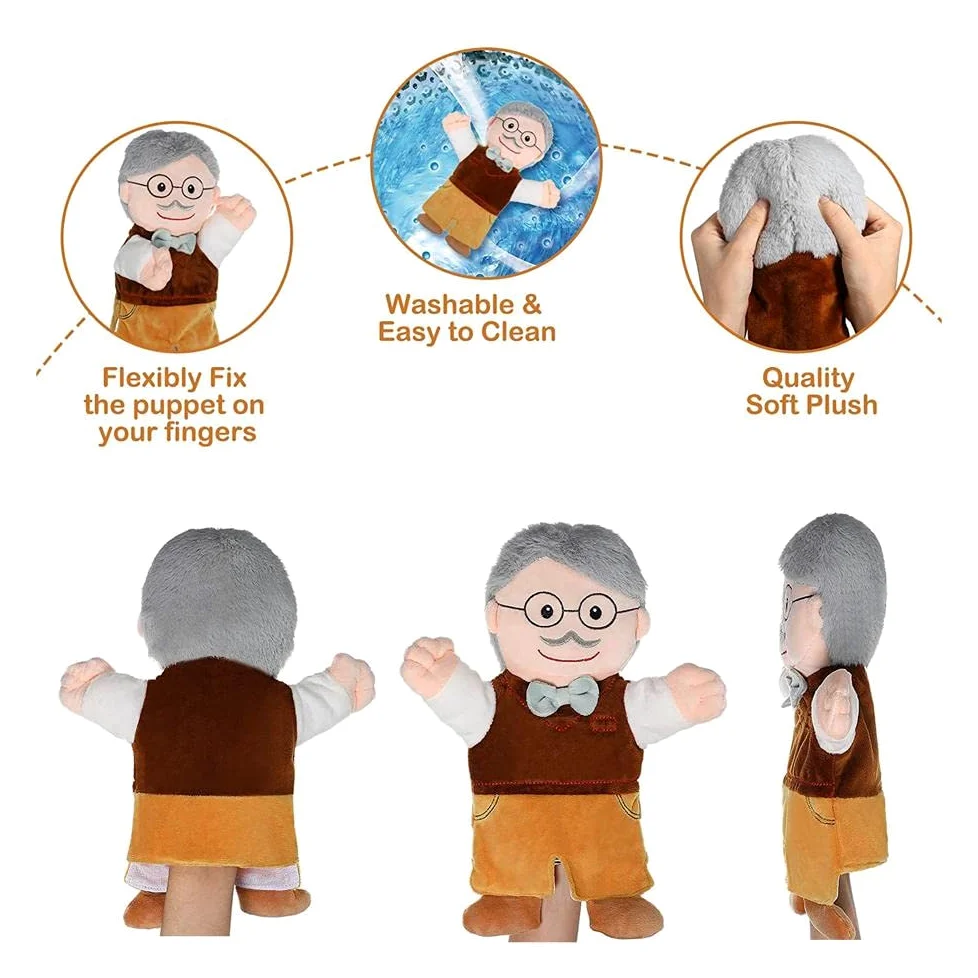 6 Pièces Ensemble de Marionnettes à Main 11.8 Pouces Doux en Peluche Membres de la Famille Marionnettes à Doigt Début de la Narration éducative pour Les (Grand-père + Grand-mère