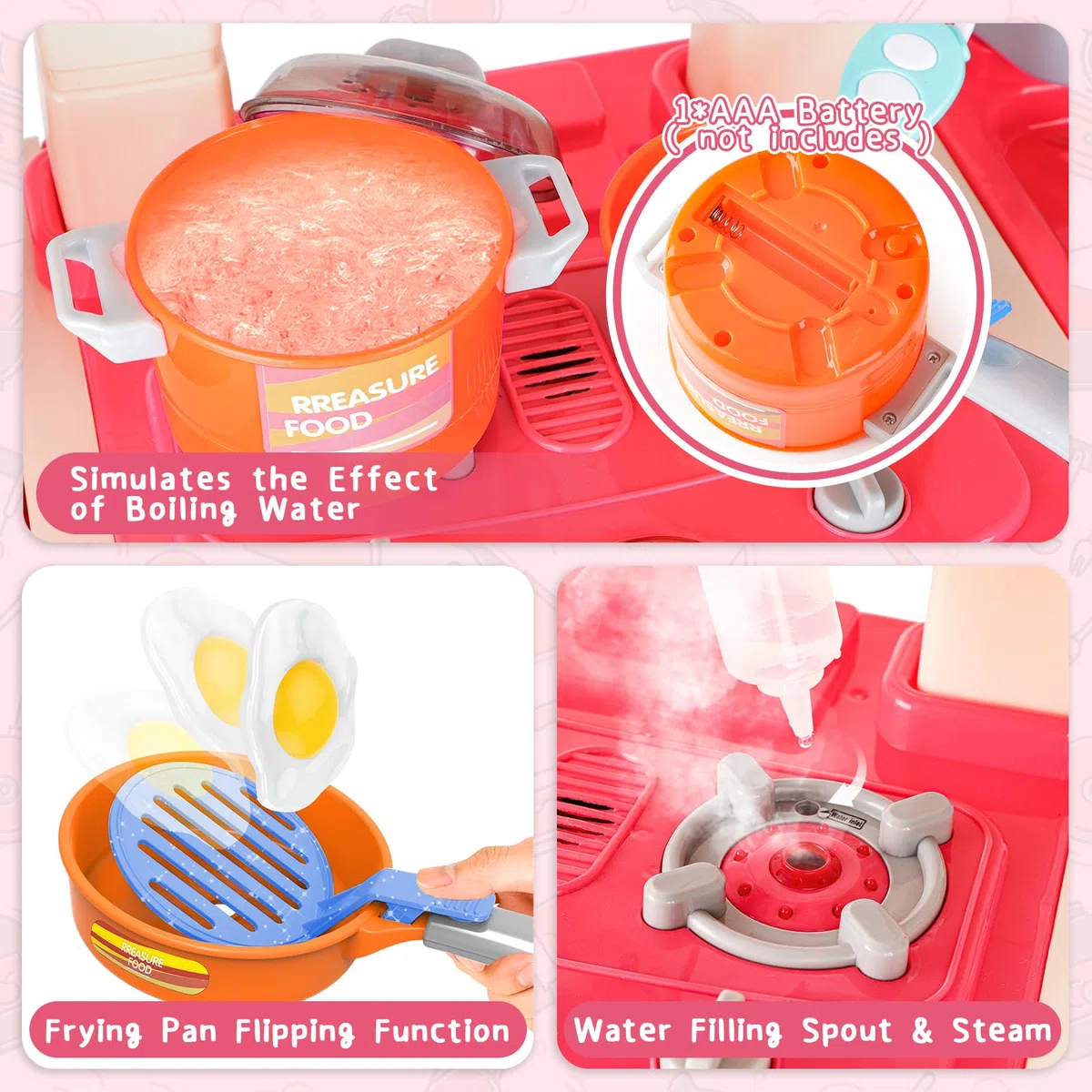 deAO Kit Cuisine pour Enfants,avec Ustensiles De Cuisine,Lumière,Son,Eau,Vapeur D’Eau Imitant La Cuisson,Cuisine Enfant 2 Ans,Taille 78x28x70CM