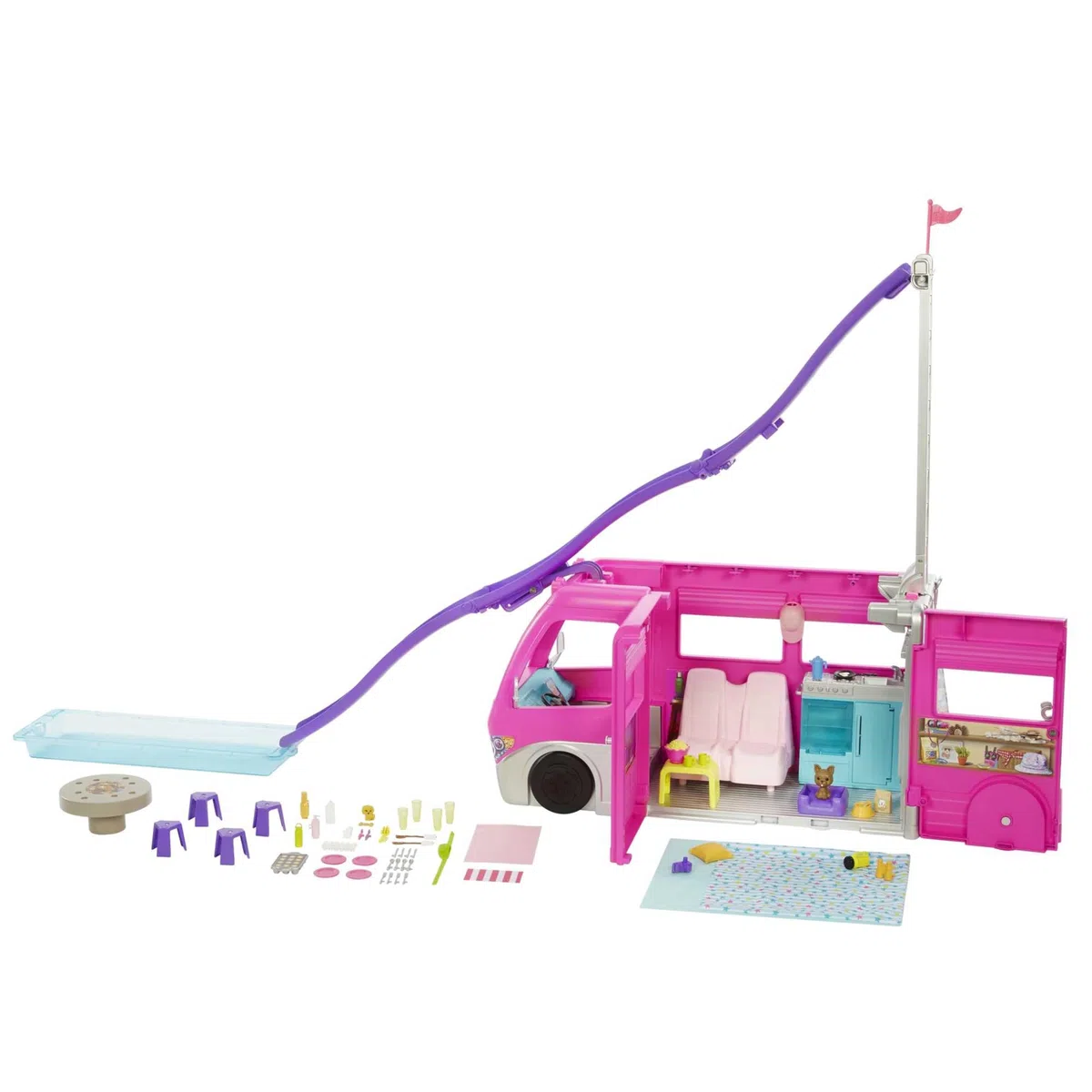 Barbie Camping-Car Transformable, avec 7 Zones de Jeu Et 60 Accessoires Inclus, Comprend Toboggan, Piscine, Pick-Up, Et Bateau pour Poupées, 76 cm, Jouet pour Enfant de 3 Ans et Plus, HCD46