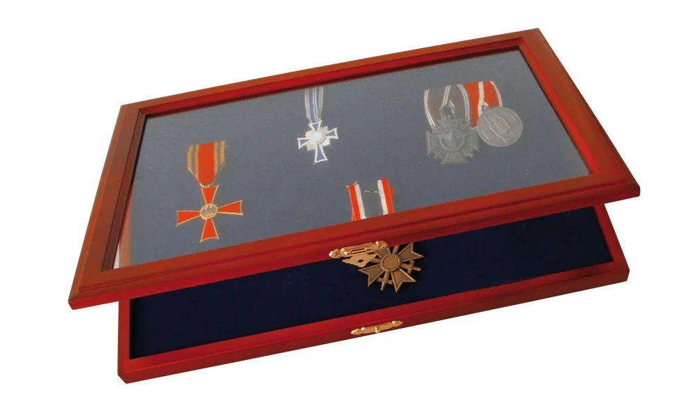 SAFE 5873 Vitrine en Bois Massif pour Médailles | Finition Acajou | Couvercle en Verre | Doublure en Velours Amovible | Montage Mural Possible | 375 x 260 x 30 mm