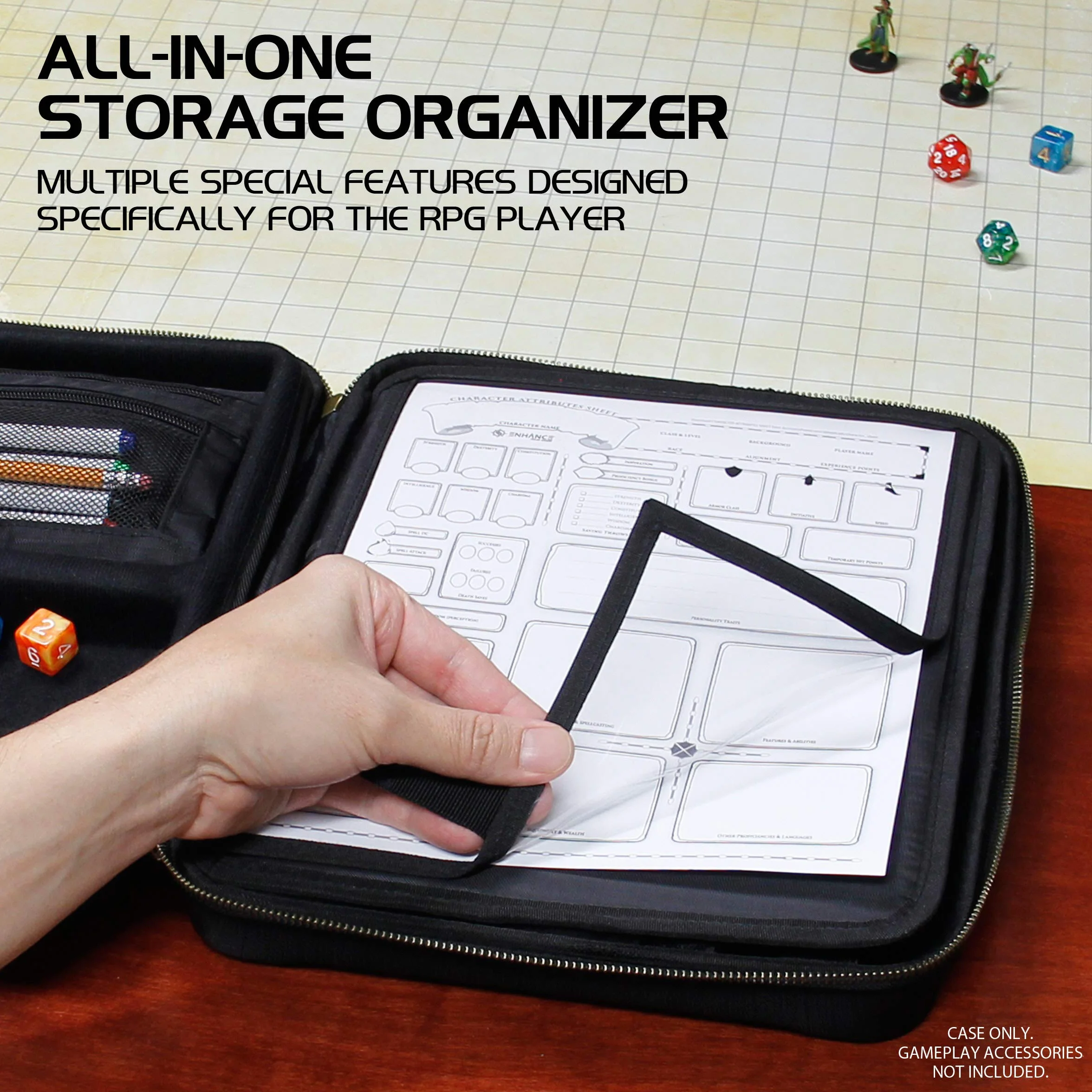 ENHANCE Étui pour Organisateur RPG - Organisateur DND avec Support De Feuille De Personnage Et Panneau Effaçable, Zone De Roulement De Dés, Stockage de Mini-Figurines