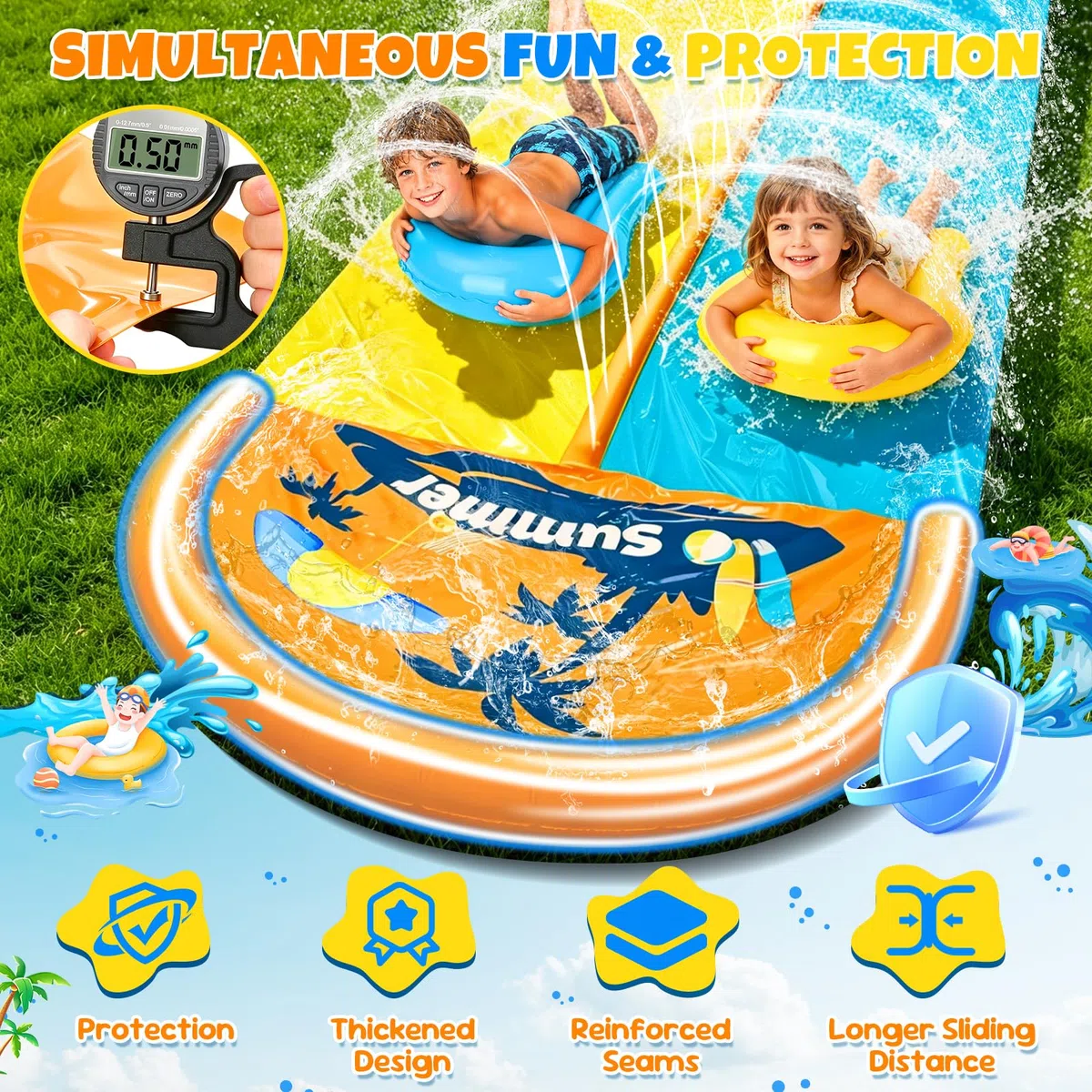 JONRRYIN 950cm Toboggan Aquatique, 155cm Toboggan de pelouse avec Arroseur Doubletoboggan à Eau avec 2 Planches Gonflables pour Pelouse et Jeux d'eau en Extérieur