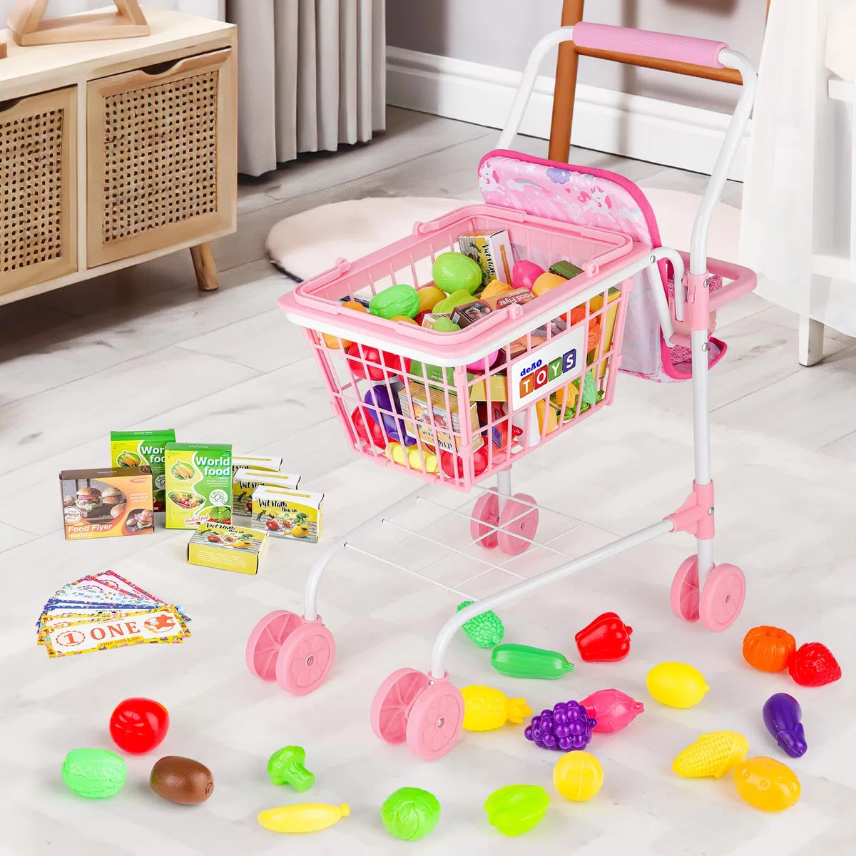 deAO Chariot de Courses pour Enfants 3 Ans+, Caddie Jouet avec Siège pour Poupée, 31 Aliments Jouets Billets Argent, Sac à Provisions, Jeu de Rôle Magasin, Cadeau Enfant Rose