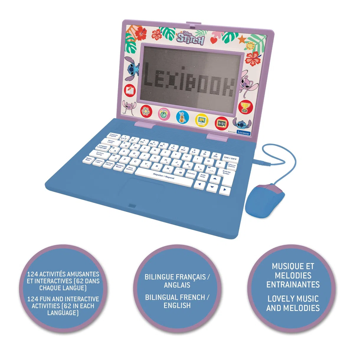 Lexibook, Disney Stitch Ordinateur Éducatif Enfant, JC599Di1LXB | Anglais/Français, 170 activités, Grand écran, Jeux éducatifs et musique