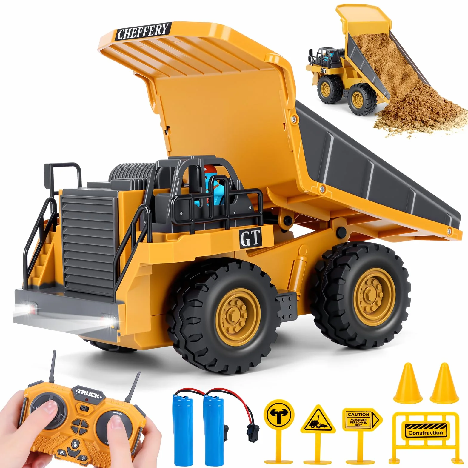 Camion Benne Télécommandé, Véhicule de Construction RC pour Enfants avec Lumière et Musique, 9 Canaux Camion Benne Jouet, Chantier Télécommandée Cadeau pour Garçon de 3 4 5 6 7 8 Ans