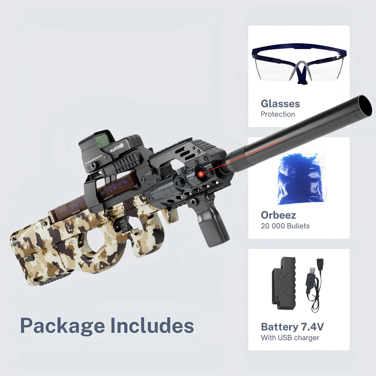 Gel Blaster Gun P90 – Pistolet à Bille Eau Electrique Automatique – 20000 Balles et Lunettes – Watersoft Puissant Fusil Arme Mitraillette - Adulte Gelfire Water Gun