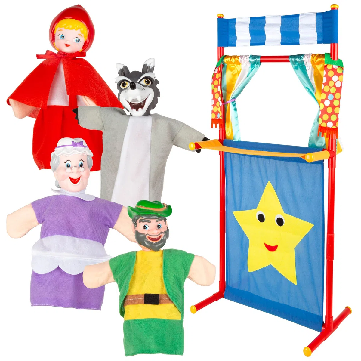 COLORBABY Cucu Show 39170 Ensemble théâtre de marionnettes Petit Chaperon Rouge, 4 marionnettes Personnages 25 cm du Conte, matériaux Doux et sûrs, Jouets pour Enfants, pour Jouer en Groupe ou Passer