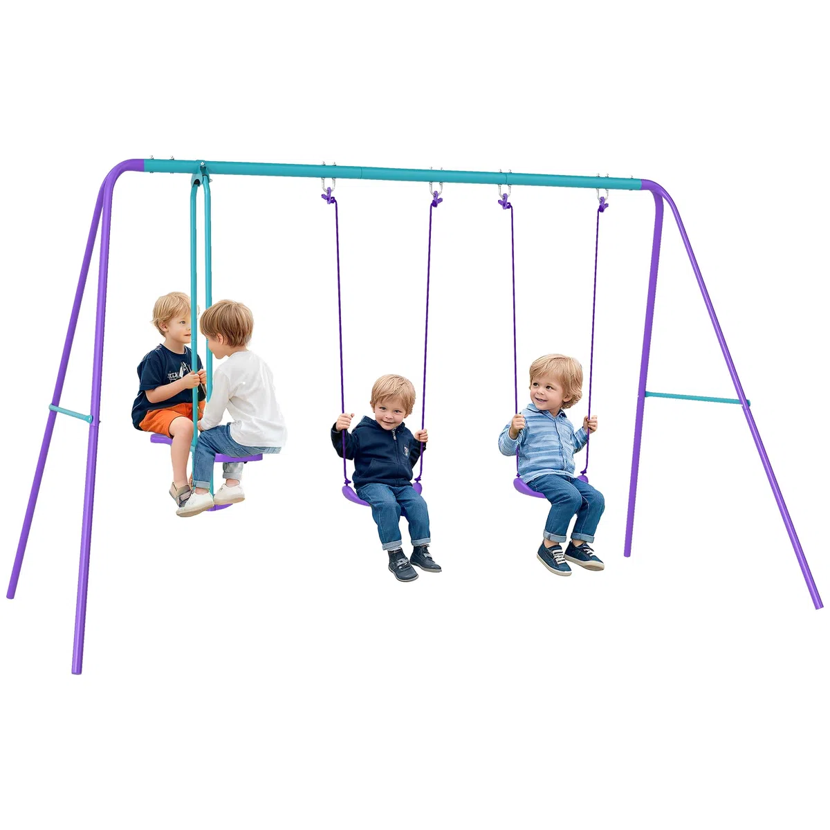 Outsunny Balançoire Portique Extérieur Enfant 3 en 1 Charge 180 kg Violet | 1 Balançoire Face à Face, 2 Sièges de Balancelle, Hauteur Réglable, en Métal, pour 3+ Ans