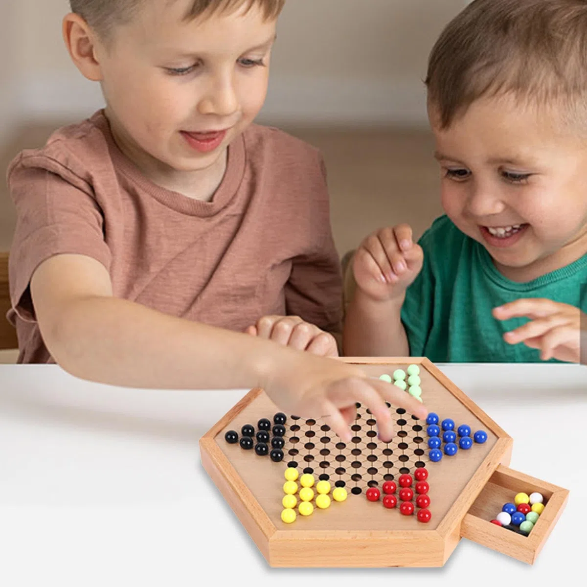 Jeu De Dames Chinoises en Bois-avec Billes De Verre Colorées,Jeu De Dames,Chinoises Classique Dames Chinoises Stratégie Colorées Extérieur,intérieur pour Jeu De Société Éducatif Dames
