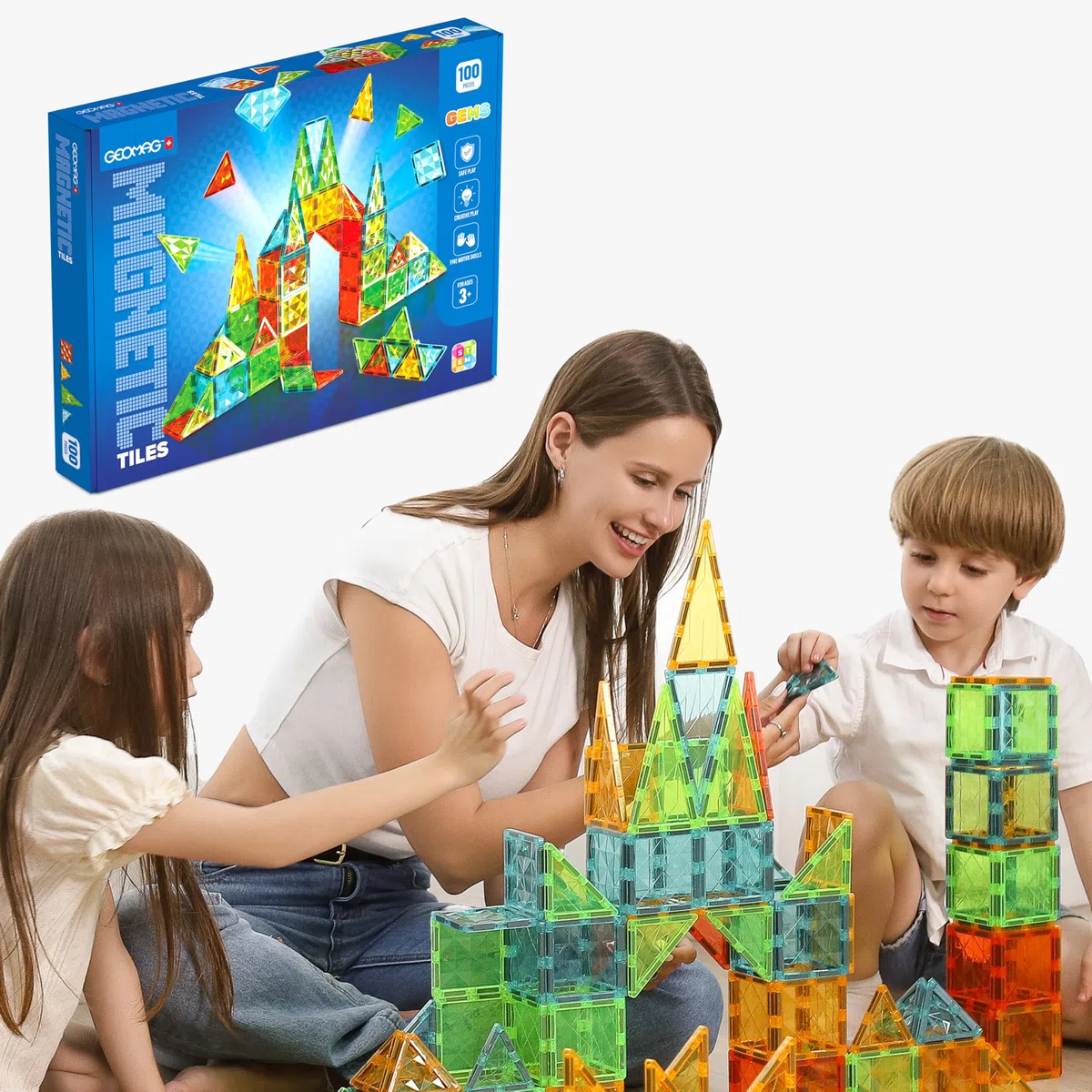 GEOMAG - Magnetic Tiles Gems 100 Pcs, Construction Magnetique Enfant, Tuiles et Bloc de Construction Magnétiques 4 Formes, Jeux Enfant 3 Ans +, Jeux Éducatifs Montessori STEM, Cadeau Noël Anniversaire