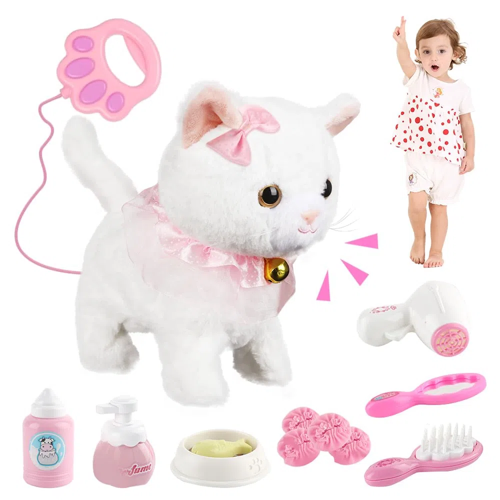 Lotvic Jouet Électronique en Peluche, Animal Chat Électronique, Chat Interactif Qui Marche et Miaule avec Laisse Télécommandée, Chats en Peluche Électroniqu, Cadeaux de Jouets pour Enfant de 3-6 Ans