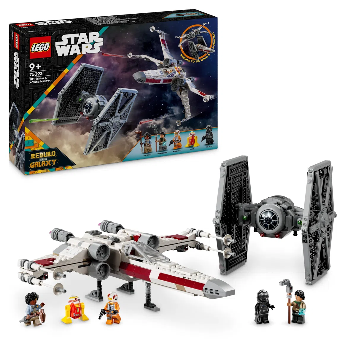 LEGO Star Wars 75393 TIE Fighter et X-Wing à Combiner - Jeu de Construction avec 2 Vaisseaux Spaciaux - 4 Minifigurines & Figurine de Droïde - Cadeau Original pour Garçon dès 9 Ans & Fans