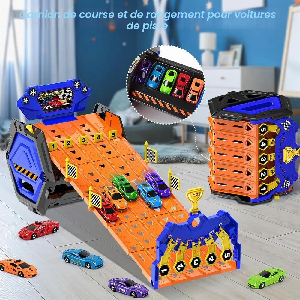 VATOS Camion de Transport Amélioré sur 5 Voies, Jouets Voitures pour Garçons Âgés de 3 4 5 6 7 8, Camion de Course Portable Jouet avec 5 Voitures, Ensemble de Camions Porte-Conteneurs pour Enfants