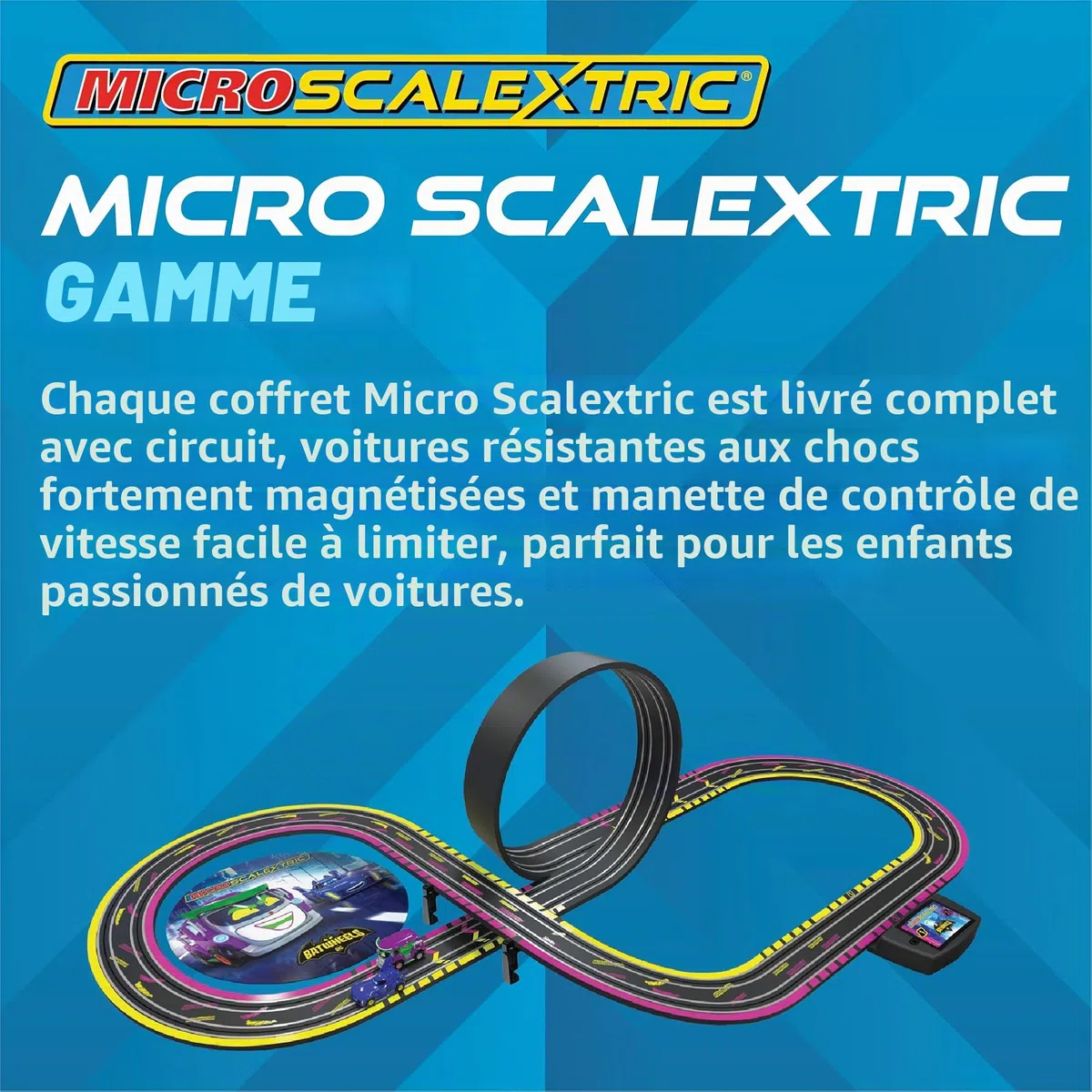 Scalextric Ensemble de piste de course micro-voiture Ensemble de construction Batwheels et Farces contre Bam Course alimentée par piles