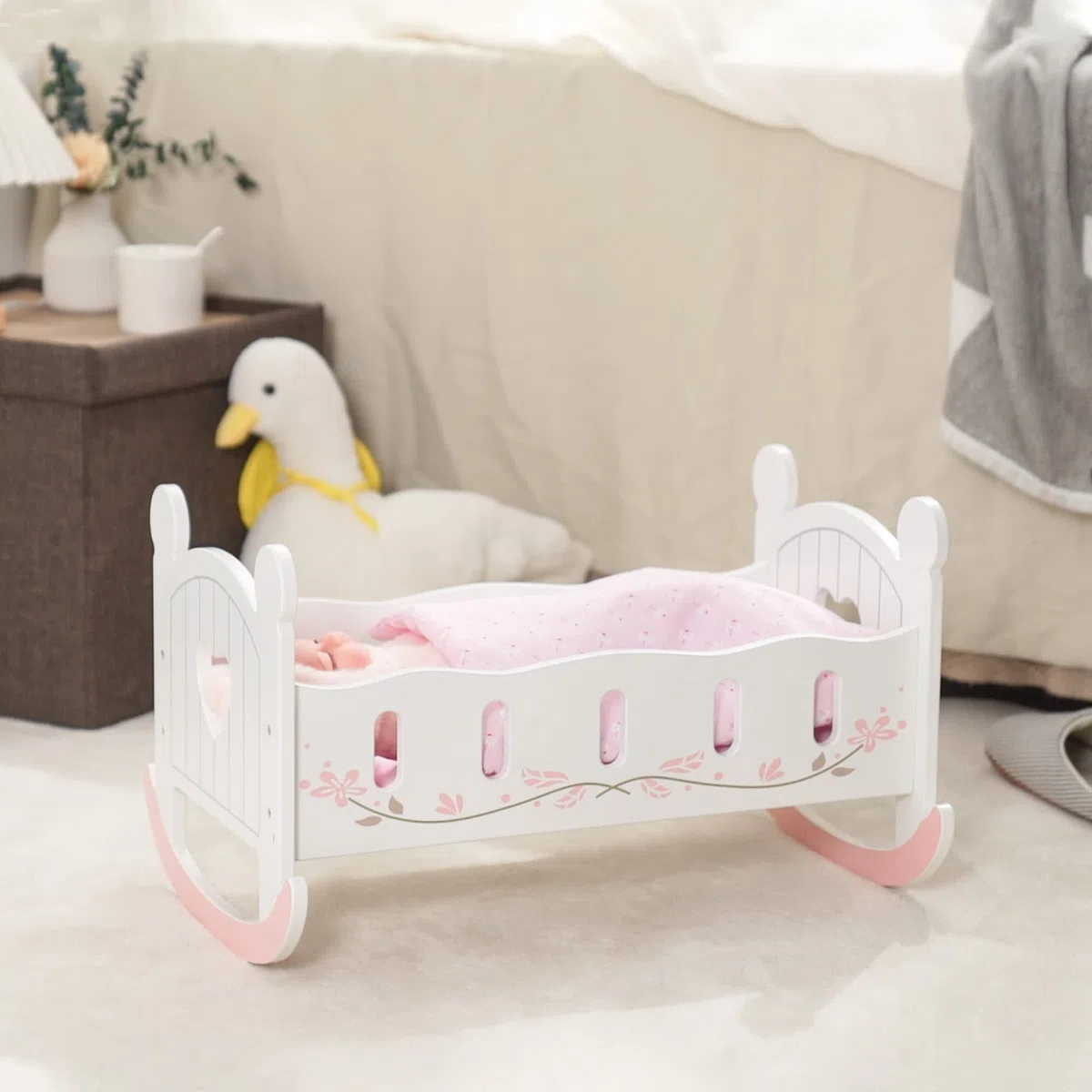 ROBUD Lit de Poupée en Bois – Jouet Berceau avec Accessoires – pour Poupées Jusqu’à 46 cm
