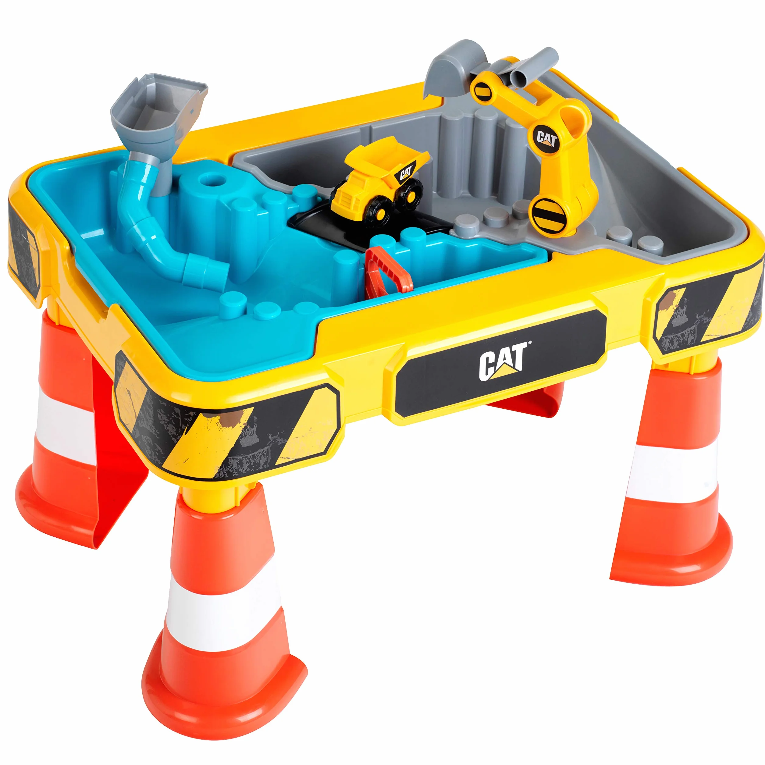 klein 3237 Table de Jeu Cat Sable et Eau, avec Bras de Pelleteuse, Benne, 2 tuyaux, stoppeurs et bassins Amovibles, Dimensions : 64 cm x 48 cm x 40 cm, Jouet pour Enfants à partir de 18 Mois