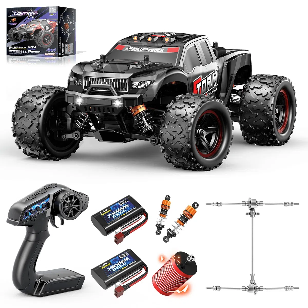 Voiture télécommandée 1:18 Brushless 4x4 pour Adulte & garçon, Voiture RC Tout Terrain à Transmission métal, 52 km/h, avec 2 Batteries 1500mAh et kit de pièces de Rechange